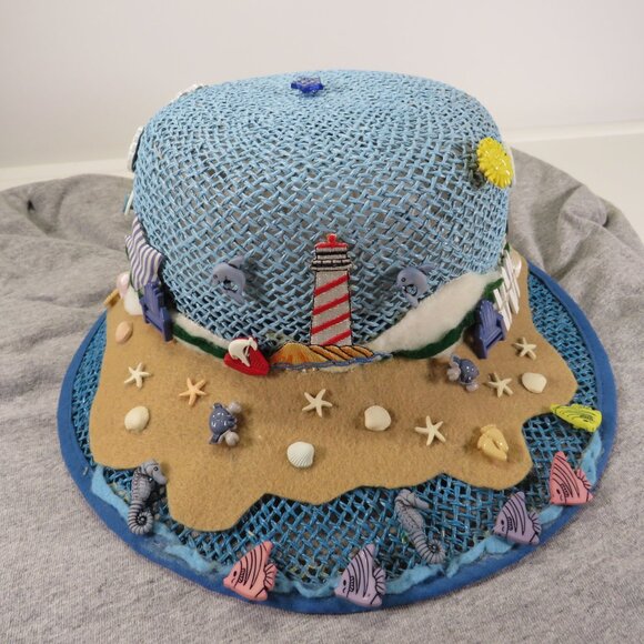 Costal inspired summer hat covered in buttons of sea shells, fish, shark &sun - Picture 1 of 12